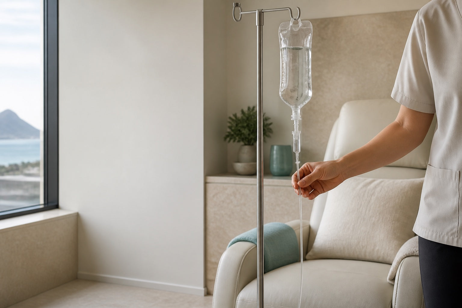 Concept view of an IV treatment setting with a recliner and IV stand
