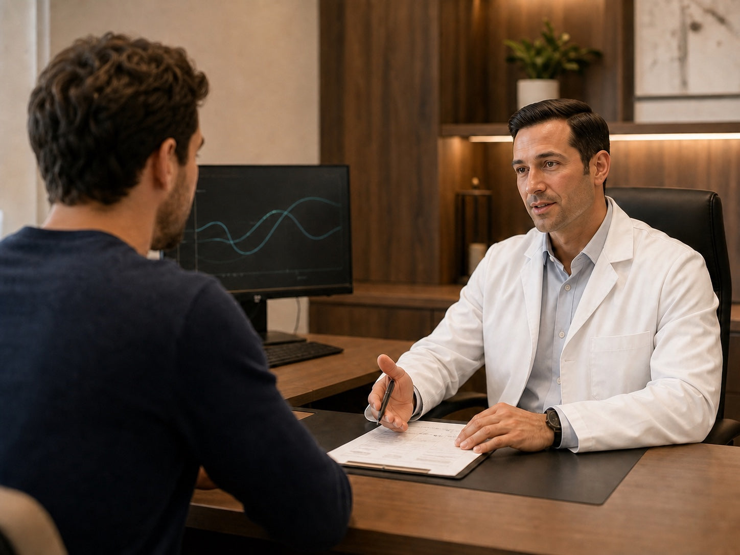 Doctor discussing a personalised peptide strategy with a patient